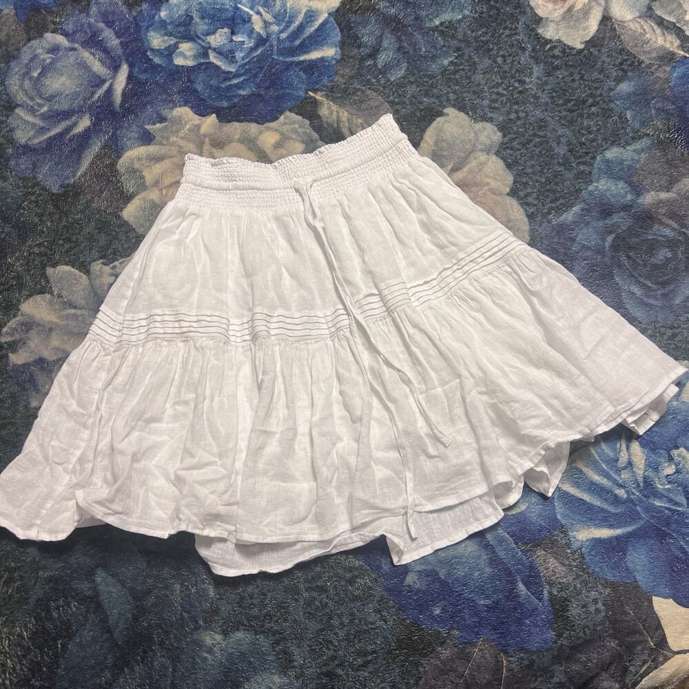 Rails Selena Cafe Floral White Tan Midi Skirt with Smocked Waist Size Small S
